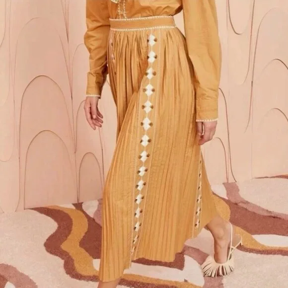 NWOT Resort 2024 ULLA JOHNSON Sabina Embroidered Midi Skirt in Pampas XS $450